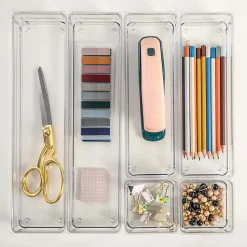 Martha Stewart Miles Plastic Stackable Office Desk Drawer 6-Piece Organizer Set, Clear