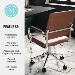 Martha Stewart Piper Faux Leather Upholstered Mid-Back Executive Office Chair, Saddle Brown/Polished Nickel