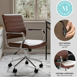 Martha Stewart Piper Faux Leather Upholstered Mid-Back Executive Office Chair, Saddle Brown/Polished Nickel