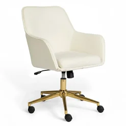 Martha Stewart Rayna Fabric Upholstered Office Chair, Off White Fabric/Polished Brass Frame