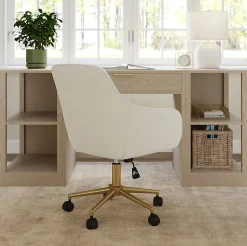 Martha Stewart Rayna Fabric Upholstered Office Chair, Off White Fabric/Polished Brass Frame