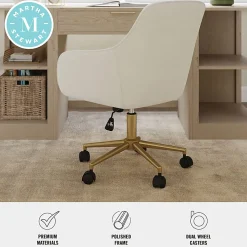 Martha Stewart Rayna Fabric Upholstered Office Chair, Off White Fabric/Polished Brass Frame