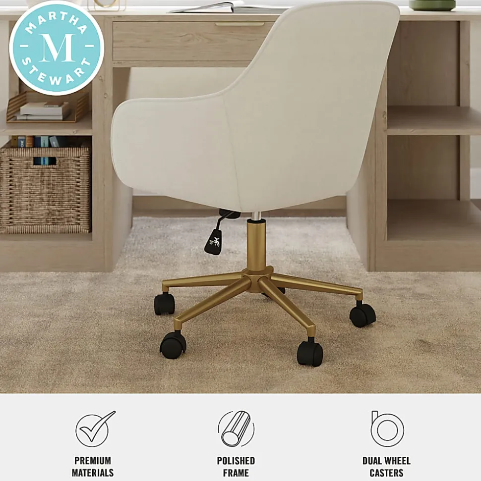Martha Stewart Rayna Fabric Upholstered Office Chair, Off White Fabric/Polished Brass Frame