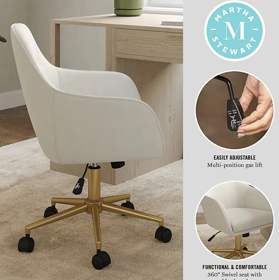 Martha Stewart Rayna Fabric Upholstered Office Chair, Off White Fabric/Polished Brass Frame