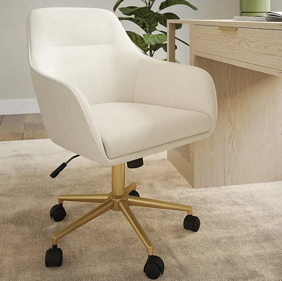 Martha Stewart Rayna Fabric Upholstered Office Chair, Off White Fabric/Polished Brass Frame