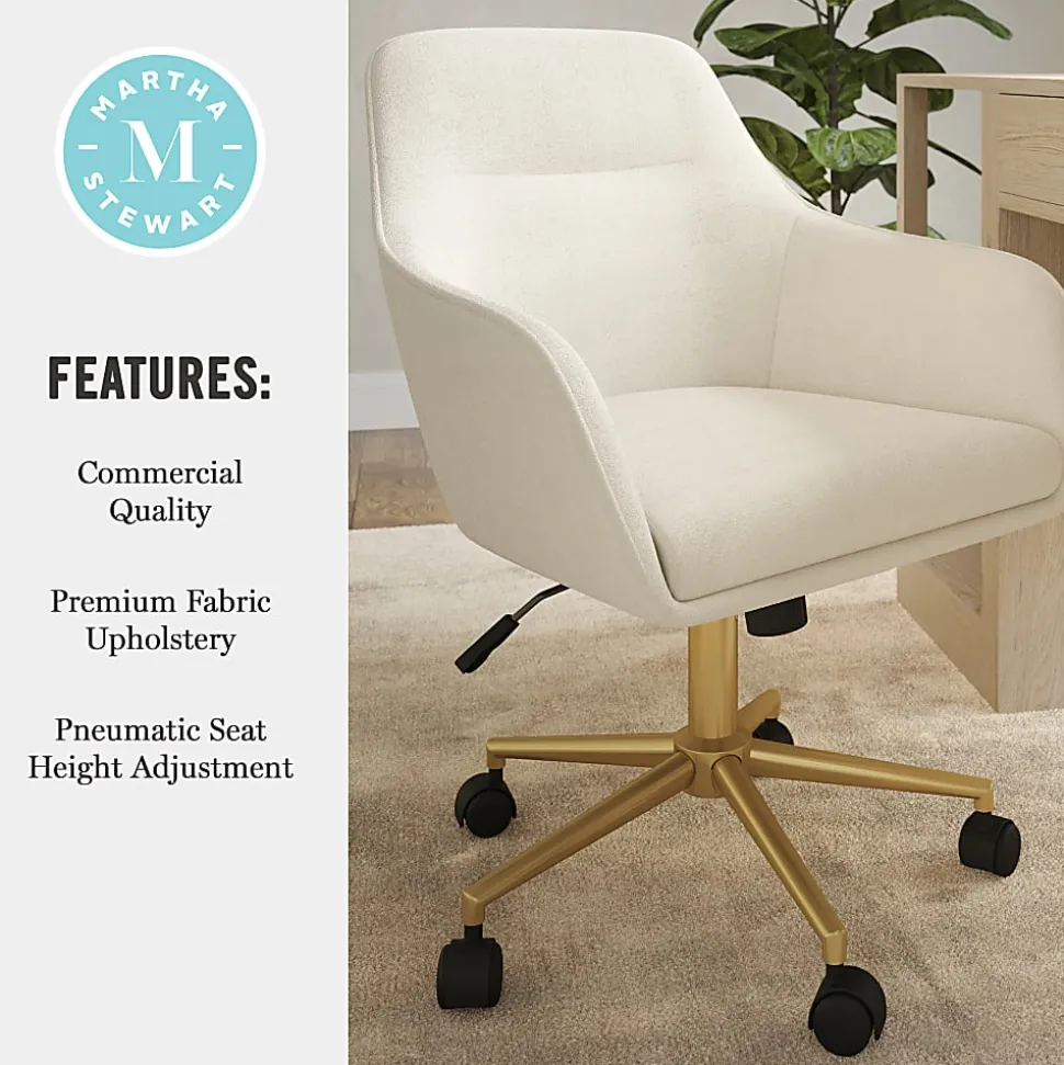 Martha Stewart Rayna Fabric Upholstered Office Chair, Off White Fabric/Polished Brass Frame