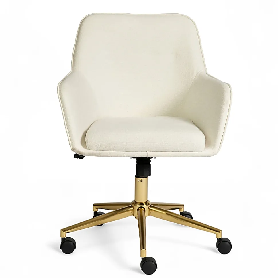 Martha Stewart Rayna Fabric Upholstered Office Chair, Off White Fabric/Polished Brass Frame
