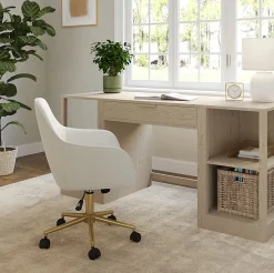 Martha Stewart Rayna Fabric Upholstered Office Chair, Off White Fabric/Polished Brass Frame