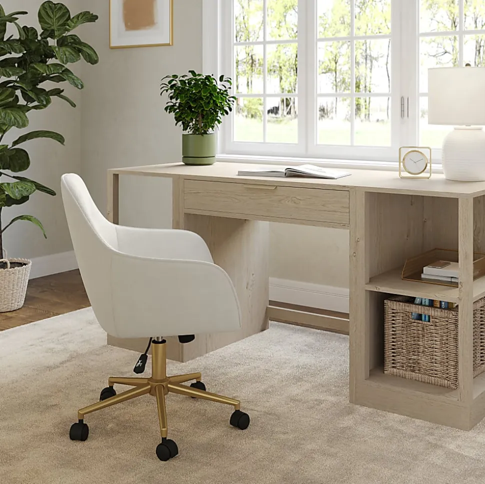 Martha Stewart Rayna Fabric Upholstered Office Chair, Off White Fabric/Polished Brass Frame