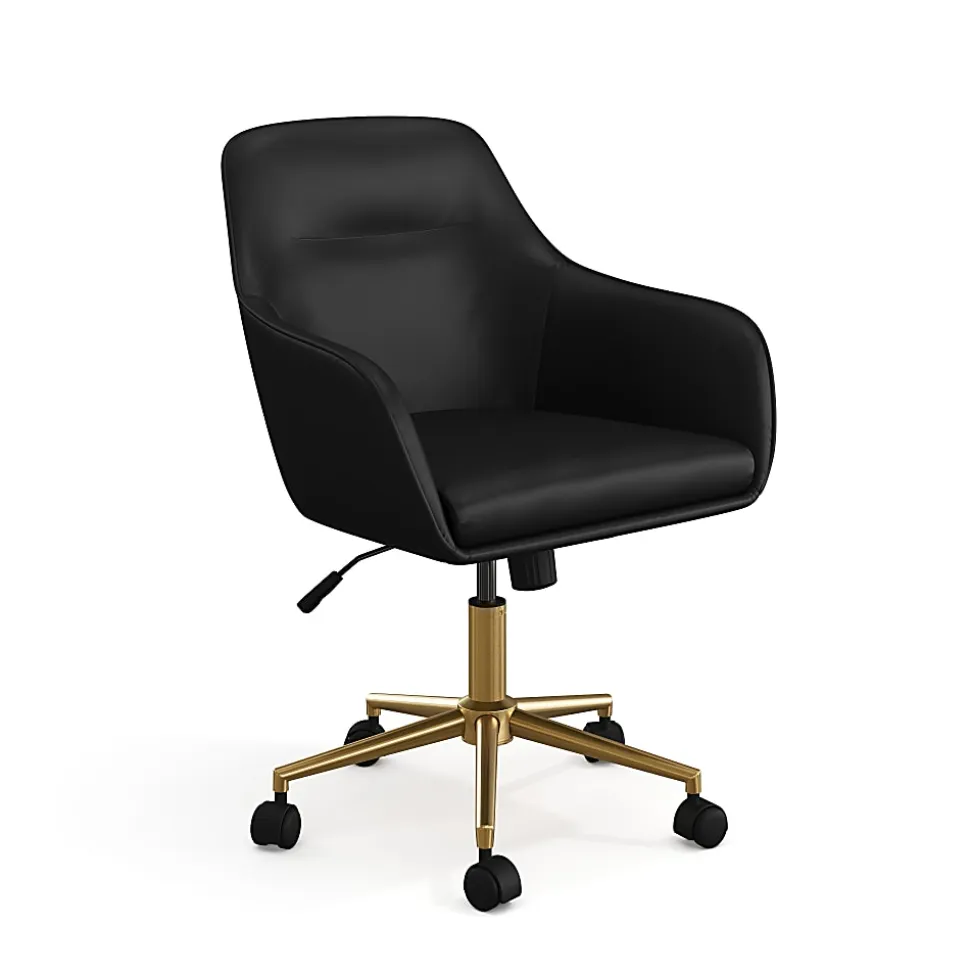 Martha Stewart Rayna Faux Leather Upholstered Office Chair, Black Faux Leather/Polished Brass Frame