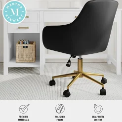 Martha Stewart Rayna Faux Leather Upholstered Office Chair, Black Faux Leather/Polished Brass Frame