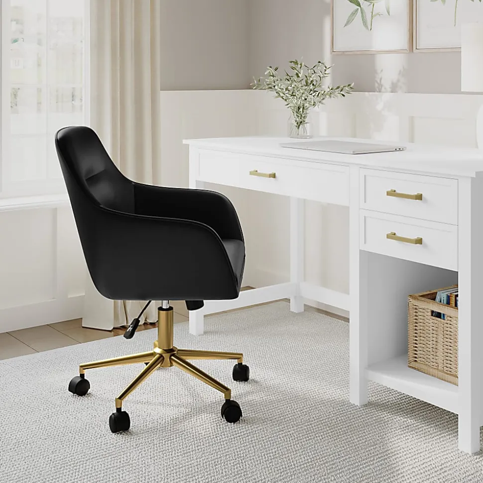 Martha Stewart Rayna Faux Leather Upholstered Office Chair, Black Faux Leather/Polished Brass Frame