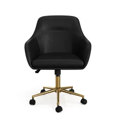 Martha Stewart Rayna Faux Leather Upholstered Office Chair, Black Faux Leather/Polished Brass Frame