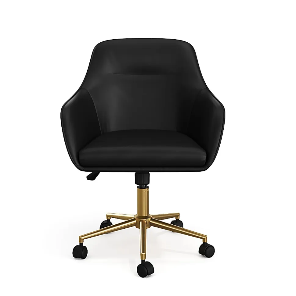 Martha Stewart Rayna Faux Leather Upholstered Office Chair, Black Faux Leather/Polished Brass Frame