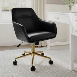 Martha Stewart Rayna Faux Leather Upholstered Office Chair, Black Faux Leather/Polished Brass Frame