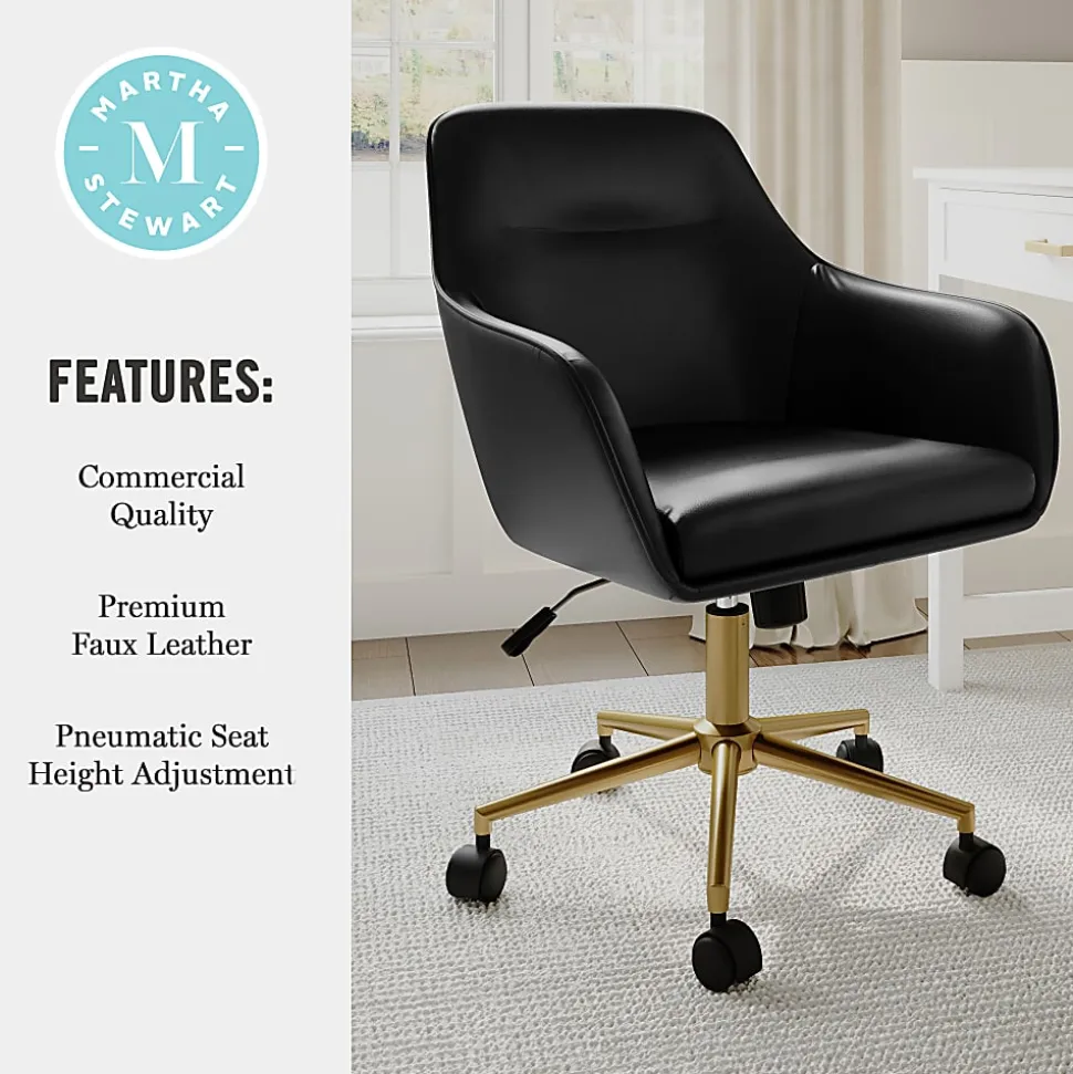 Martha Stewart Rayna Faux Leather Upholstered Office Chair, Black Faux Leather/Polished Brass Frame