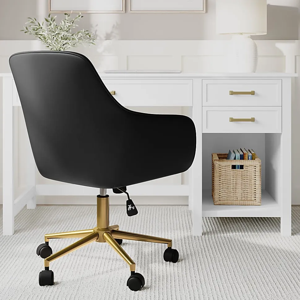Martha Stewart Rayna Faux Leather Upholstered Office Chair, Black Faux Leather/Polished Brass Frame