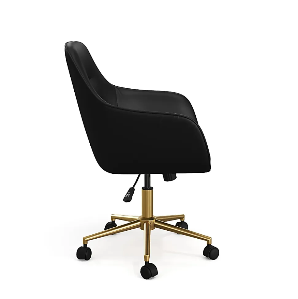 Martha Stewart Rayna Faux Leather Upholstered Office Chair, Black Faux Leather/Polished Brass Frame