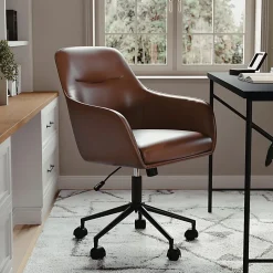 Martha Stewart Rayna Faux Leather Upholstered Mid-Back Office Task Chair, Saddle Brown/Oil-Rubbed Bronze