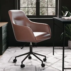 Martha Stewart Rayna Faux Leather Upholstered Mid-Back Office Task Chair, Saddle Brown/Oil-Rubbed Bronze