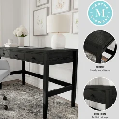 Martha Stewart Rhett Home Office 3 Drawer Desk with Tapered Legs, Black Frame/Oil Rubbed Bronzed Hardware