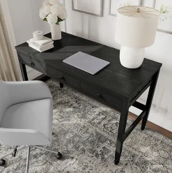 Martha Stewart Rhett Home Office 3 Drawer Desk with Tapered Legs, Black Frame/Oil Rubbed Bronzed Hardware