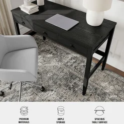 Martha Stewart Rhett Home Office 3 Drawer Desk with Tapered Legs, Black Frame/Oil Rubbed Bronzed Hardware