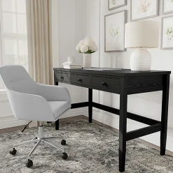 Martha Stewart Rhett Home Office 3 Drawer Desk with Tapered Legs, Black Frame/Oil Rubbed Bronzed Hardware