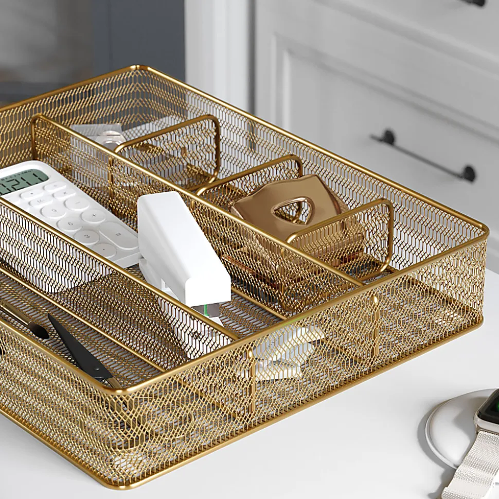 Martha Stewart Ryder Mesh Metal 6-Compartment Larger Desk Drawer Organizer, 2-1/4"H x 14-3/4"W x 12-1/4"D, Gold