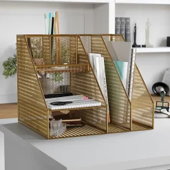Martha Stewart Ryder Mesh Metal Large Desktop Organizer With Magazine File Holder, Pen Holder And Storage, 10"H x 12-1/2"W x 10"D, Gold