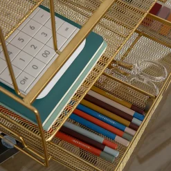 Martha Stewart Ryder Mesh Metal Large Desktop Organizer With Paper File Letter Holder And Drawer, 7"H x 14-3/4"W x 11-1/2"D, Gold