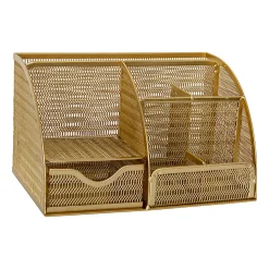 Martha Stewart Ryder Mesh Metal Small Desktop Organizer With Pen Holder And Drawer, 5"H x 8-3/4"W x 5-1/2"D, Gold