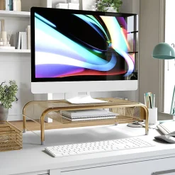 Martha Stewart Ryder Mesh Metal Desktop Monitor Stand Riser With Organizer Drawer And Side Storage, 6-1/2"H x 22-1/4"W x 12-1/2"D, Gold