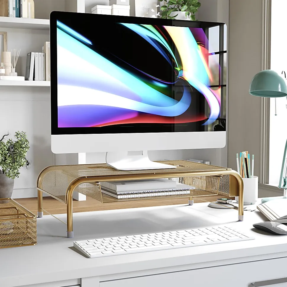 Martha Stewart Ryder Mesh Metal Desktop Monitor Stand Riser With Organizer Drawer And Side Storage, 6-1/2"H x 22-1/4"W x 12-1/2"D, Gold