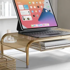 Martha Stewart Ryder Mesh Metal Desktop Monitor Stand Riser With Organizer Drawer And Side Storage, 6-1/2