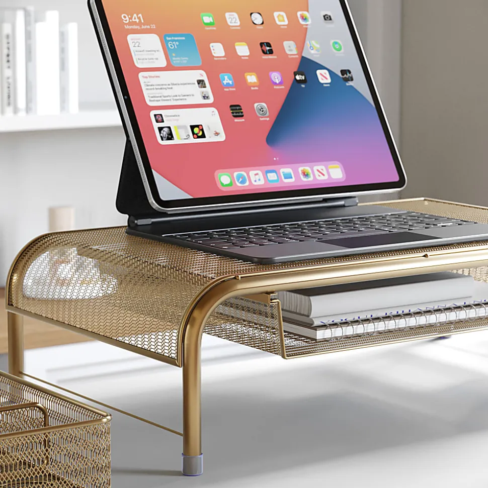 Martha Stewart Ryder Mesh Metal Desktop Monitor Stand Riser With Organizer Drawer And Side Storage, 6-1/2"H x 22-1/4"W x 12-1/2"D, Gold