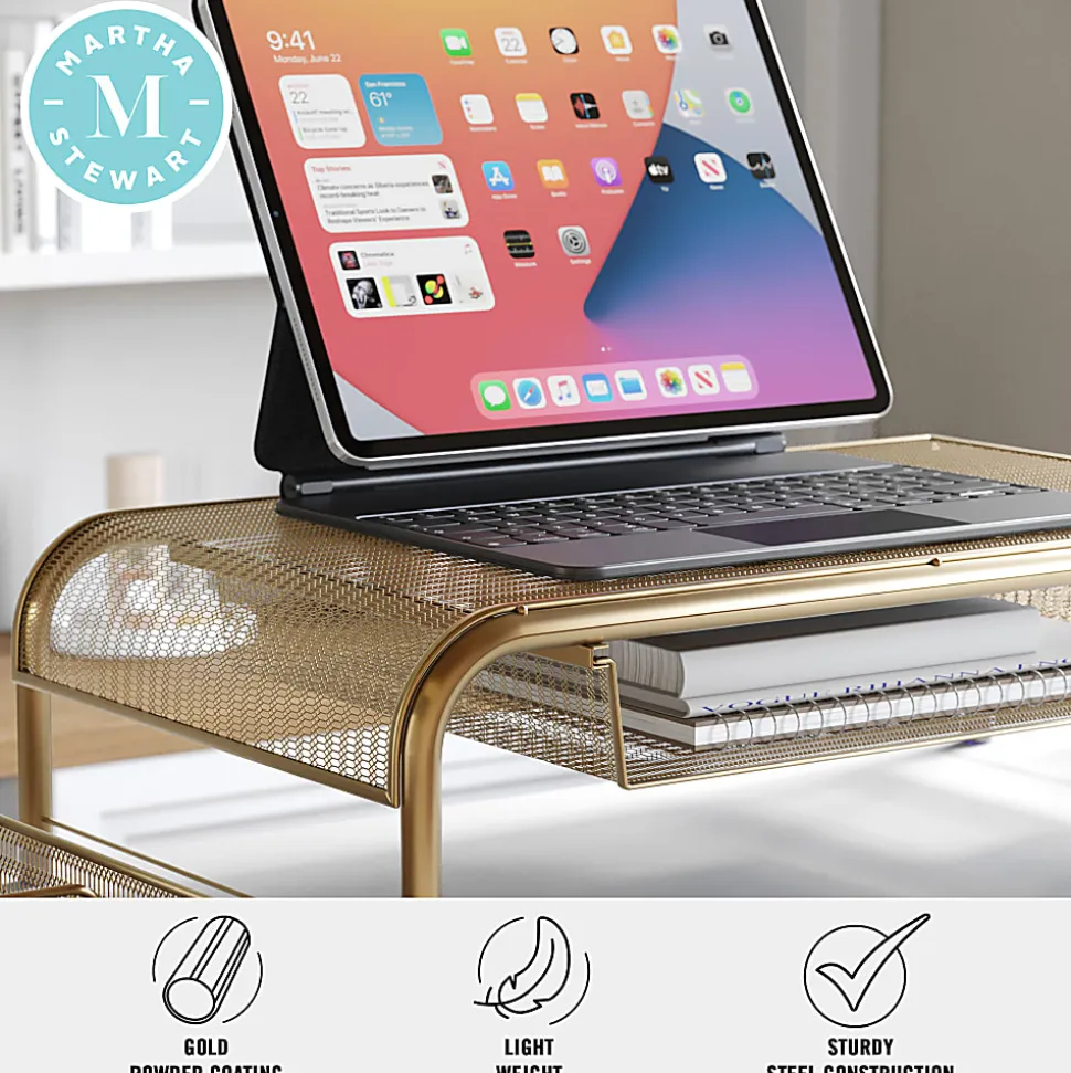 Martha Stewart Ryder Mesh Metal Desktop Monitor Stand Riser With Organizer Drawer And Side Storage, 6-1/2"H x 22-1/4"W x 12-1/2"D, Gold