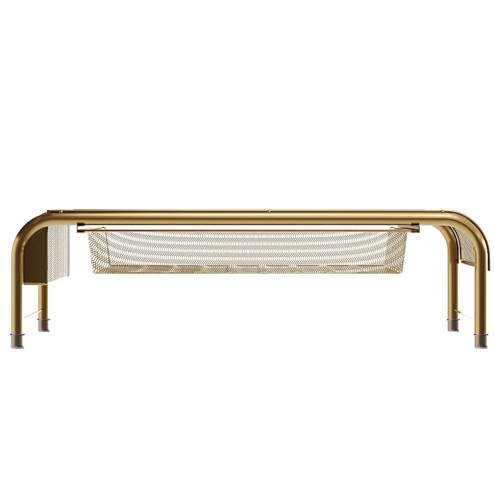 Martha Stewart Ryder Mesh Metal Desktop Monitor Stand Riser With Organizer Drawer And Side Storage, 6-1/2"H x 22-1/4"W x 12-1/2"D, Gold