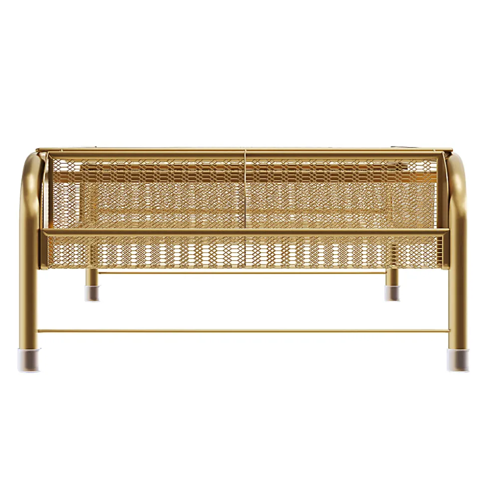 Martha Stewart Ryder Mesh Metal Desktop Monitor Stand Riser With Organizer Drawer And Side Storage, 6-1/2"H x 22-1/4"W x 12-1/2"D, Gold