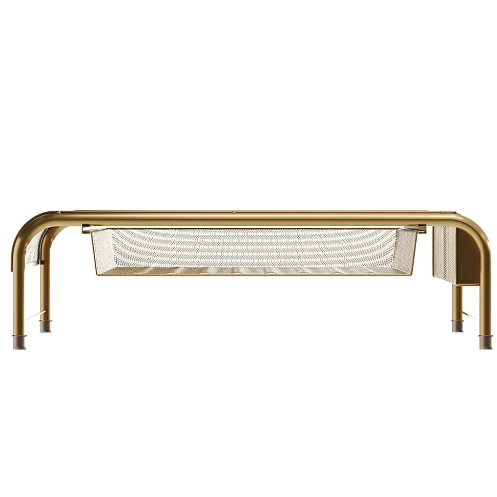 Martha Stewart Ryder Mesh Metal Desktop Monitor Stand Riser With Organizer Drawer And Side Storage, 6-1/2"H x 22-1/4"W x 12-1/2"D, Gold
