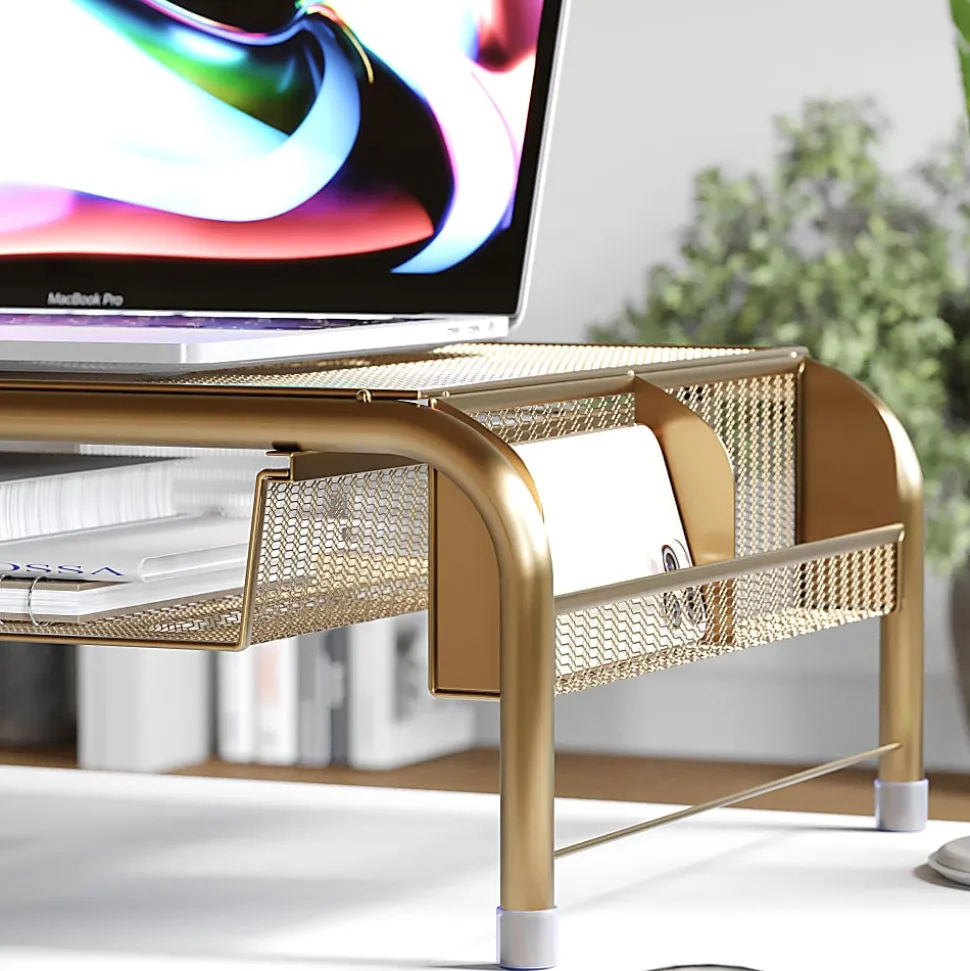 Martha Stewart Ryder Mesh Metal Desktop Monitor Stand Riser With Organizer Drawer And Side Storage, 6-1/2"H x 22-1/4"W x 12-1/2"D, Gold