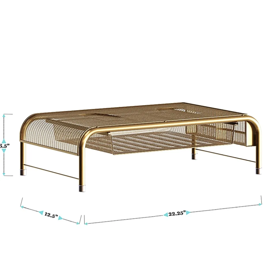 Martha Stewart Ryder Mesh Metal Desktop Monitor Stand Riser With Organizer Drawer And Side Storage, 6-1/2"H x 22-1/4"W x 12-1/2"D, Gold