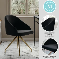 Martha Stewart Sora Upholstered Mid-Back Stationary Office Task Chair, Velvet, Black/Polished Nickel
