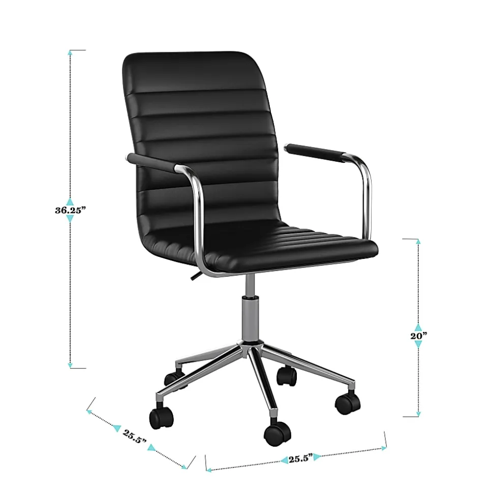 Martha Stewart Taytum Faux Leather Upholstered Mid-Back Executive Office Chair, Black/Polished Nickel
