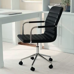 Martha Stewart Taytum Faux Leather Upholstered Mid-Back Executive Office Chair, Black/Polished Nickel