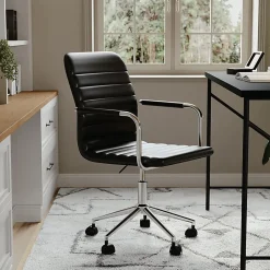 Martha Stewart Taytum Faux Leather Upholstered Mid-Back Executive Office Chair, Black/Polished Nickel