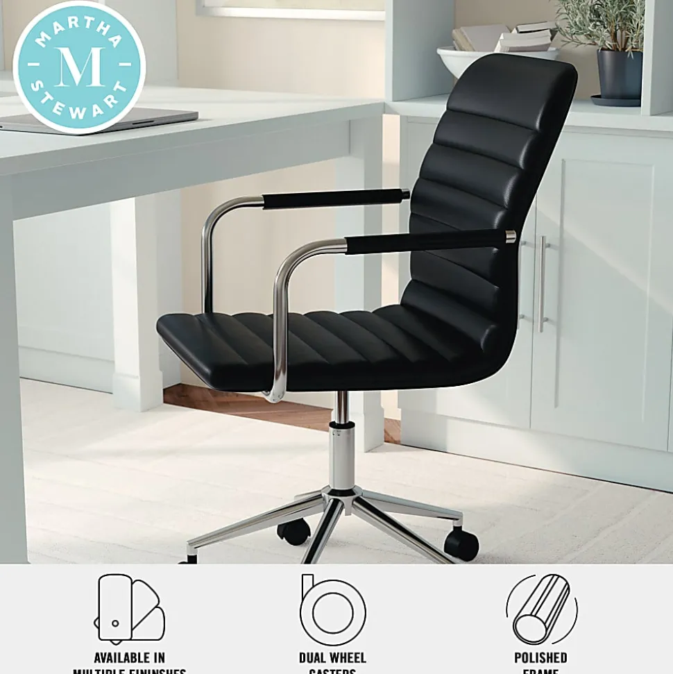 Martha Stewart Taytum Faux Leather Upholstered Mid-Back Executive Office Chair, Black/Polished Nickel