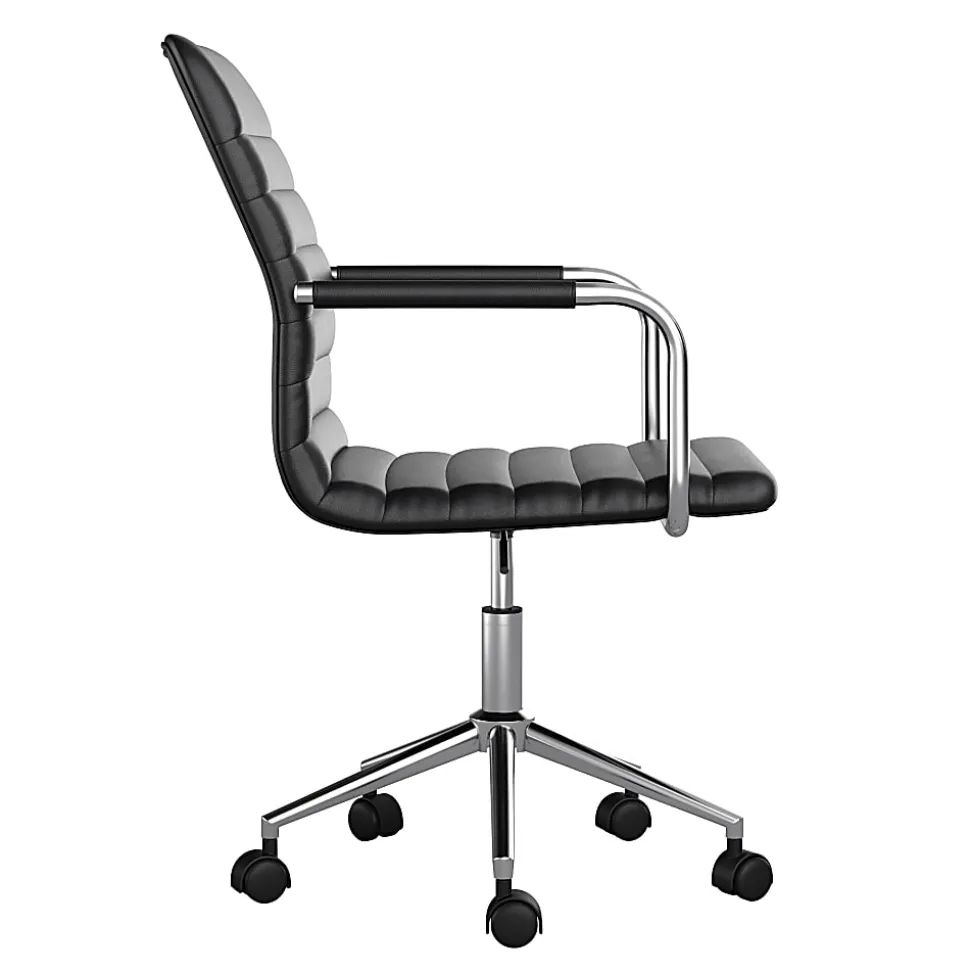 Martha Stewart Taytum Faux Leather Upholstered Mid-Back Executive Office Chair, Black/Polished Nickel
