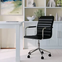 Martha Stewart Taytum Faux Leather Upholstered Mid-Back Executive Office Chair, Black/Polished Nickel