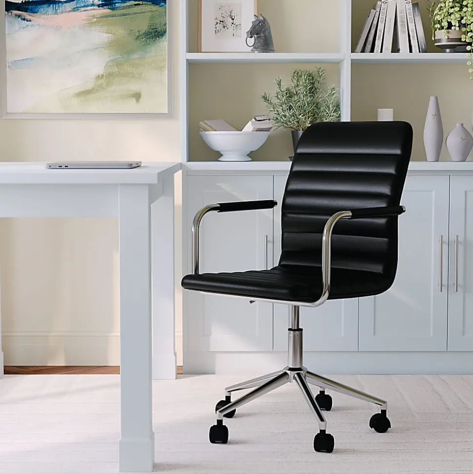 Martha Stewart Taytum Faux Leather Upholstered Mid-Back Executive Office Chair, Black/Polished Nickel
